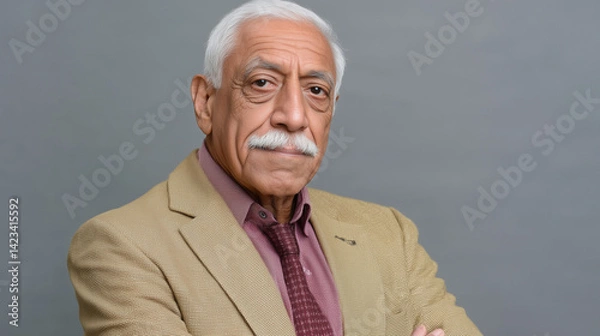 Obraz Reflective Elder Portrait: A striking head and shoulders shot of an elderly gentleman with a distinguished air, gray hair and mustache set against a neutral backdrop.
