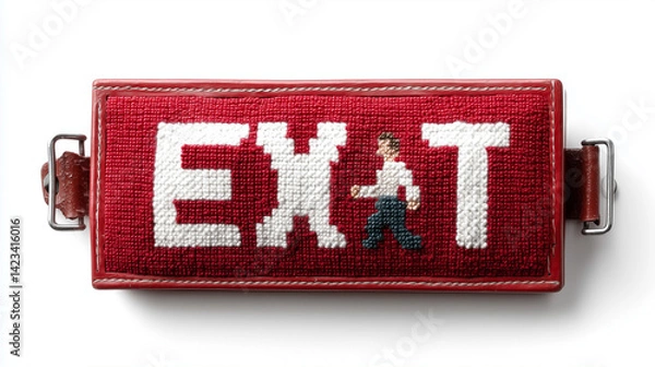 Fototapeta Embroidery Exit Sign: A charming, handcrafted exit sign with the word "EXIT" prominently displayed, is detailed with a mini embroidered figure confidently striding towards freedom.