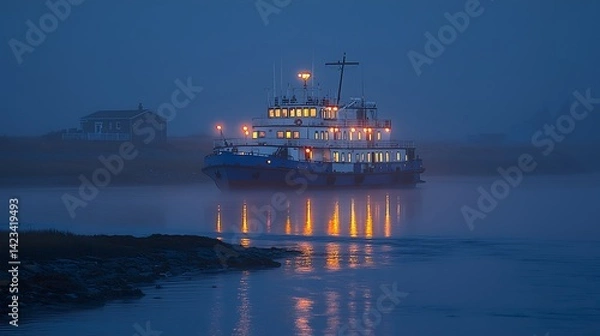 Fototapeta Foggy twilight scene with a multi-story passenger vessel on tranquil water