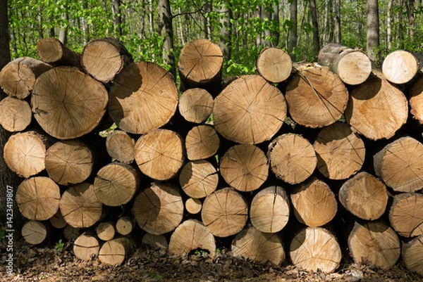 Fototapeta Close-up of stacked timber logs in forest