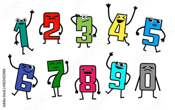 Fototapeta Funny number cartoon character. number character vector design. isolated on white background. Cute funny cartoon numbers vector illustration set.