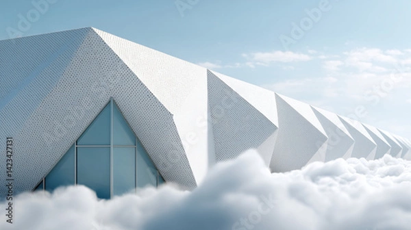 Fototapeta Abstract Modern Architecture: A mesmerizing view of a sleek, white, angular building with a large window overlooking the fluffy white clouds. The clean lines.