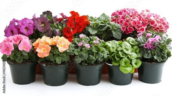 Fototapeta Vibrant Display of Annuals and Perennials in Nursery Pots