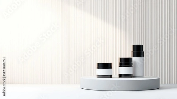 Fototapeta Cosmetic Products Display Minimalist Style High-resolution Lighting Top-down view Clean lines Showcase Presentation White textured backdrop Soft neutral tones Perfect for product ads