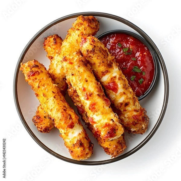 Fototapeta A delicious plate of golden-brown mozzarella cheese sticks served with a side of vibrant red marinara dipping sauce sits on a white background.