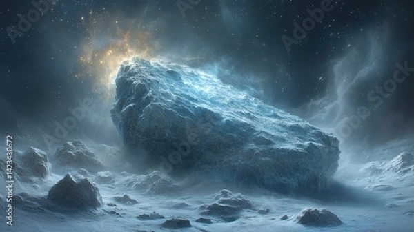 Fototapeta Vast, icy asteroid dominates a celestial landscape.