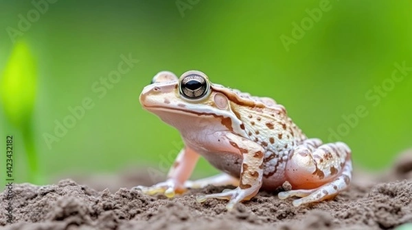Fototapeta Close-up of a small, light-colored frog, with patterns, sitting on dirt