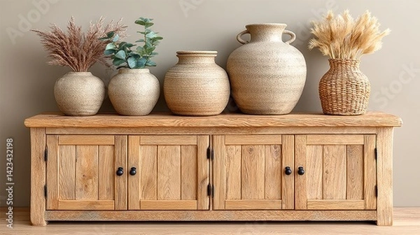 Fototapeta Rustic Wooden Console Table with Decorative Vases and Dried Flowers