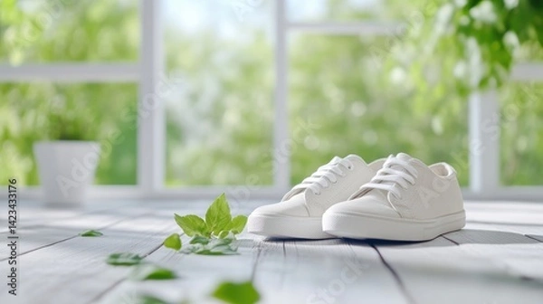 Fototapeta White sneakers on a light wooden surface near a window with greenery