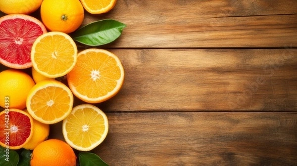 Obraz Vibrant citrus delight, fresh oranges and lemons on rustic wooden table fresh