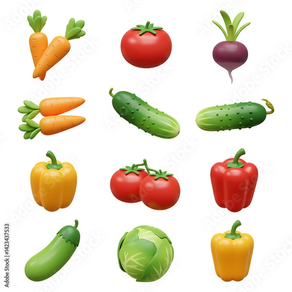 Fototapeta Colorful 3D Rendered Vegetables on Transparent Background