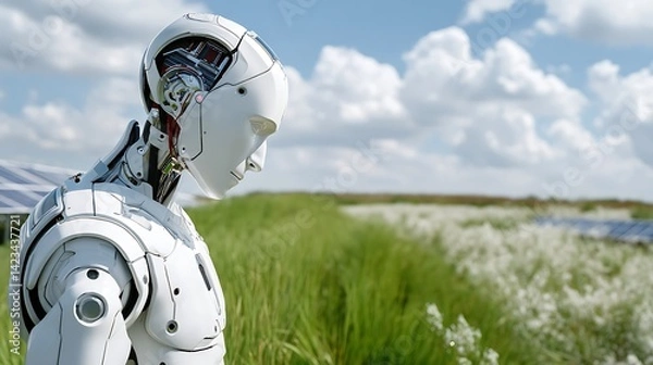 Fototapeta The Harmonious Blend of Nature and Technology Represented by a Robot with a Green Circuitry Core