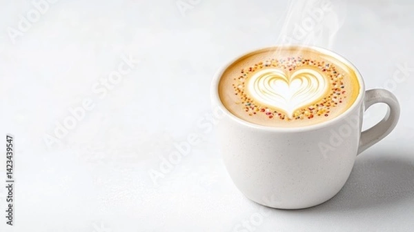 Fototapeta Latte Art Coffee Sprinkles, Minimalist Style, High-Resolution Warm Lighting, Close-Up Side View, Creamy Texture, Morning Enjoyment, White Background, Warm Beige Tones, Perfect for Cafe Menus