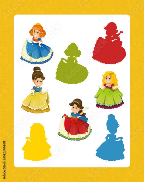 Obraz cartoon set of beautiful and colorful of medieval princesses - searching game with shadows