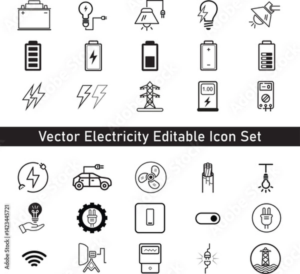 Fototapeta Vector Electricity Editable Icon Set. Include light icon, battery icon, electric car icon, wire icon, network icon, fan icon etc.