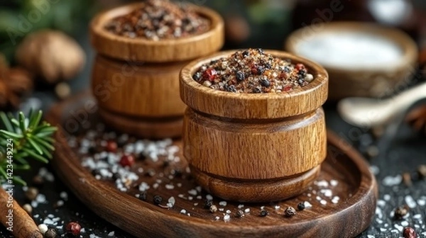Fototapeta A rustic display of gourmet spices in wooden containers on a natural wood platter surrounded by earthy textures and decor elements