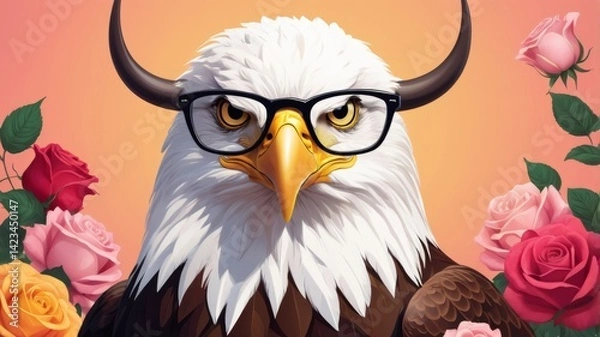 Fototapeta An eagle wearing glasses surrounded by colorful flowers, set against a vibrant orange background.