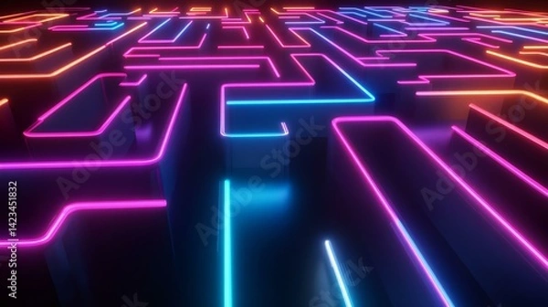 Fototapeta Futuristic neon maze with vibrant lights. A colorful labyrinth design, ideal for technology, gaming, and modern art themes.