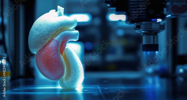 Fototapeta A bright, stylized 3D rendering of a human heart, illuminated against a high-tech background, emphasizing medical technology and innovation.