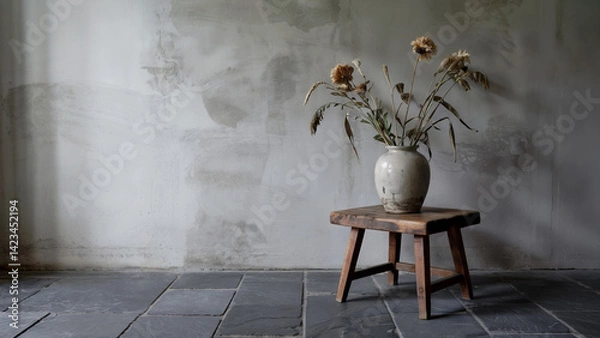 Fototapeta Vase with dried flowers on wooden stool in minimalist, rustic interior setting.