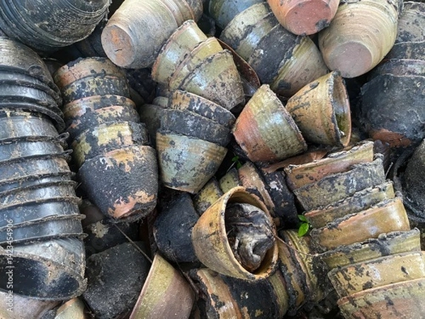 Fototapeta Stack of old wooden items surrounded by natural textures and earthy tones