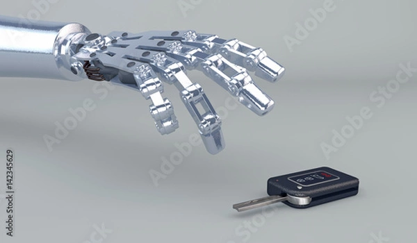 Fototapeta 3D illustration of a robotic hand reaching for a modern car key fob. Futuristic vehicle driver assist concept.