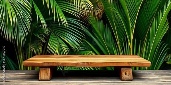 Obraz Empty rustic wooden table with lush tropical palm leaves backdrop,  greenery,  summer background