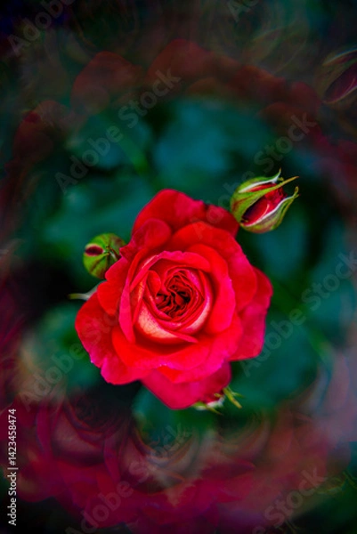 Fototapeta beautiful juicy dark red strict, sexy rose grows in nature against the background of green leaves, with the addition of glare and bokeh, slight blur, red rose bud on a bush