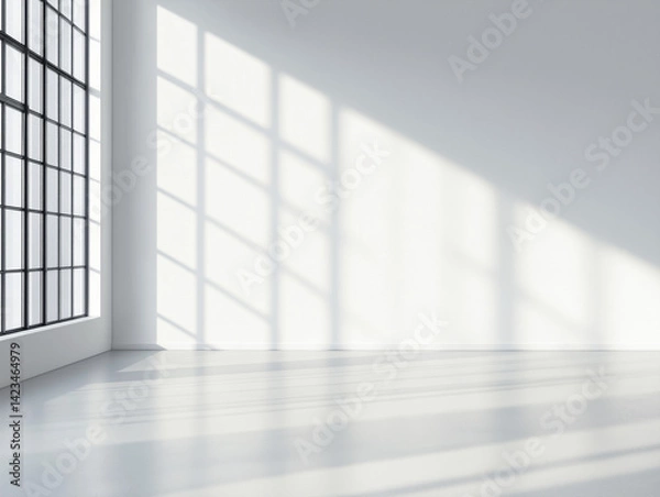 Fototapeta Sun Shadows Create Artistic Patterns on a White Wall in a Minimalist Interior Space During Daylight Hours