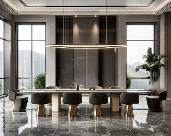 Fototapeta A luxurious meeting room with panoramic windows and modern furniture, clean and simple.