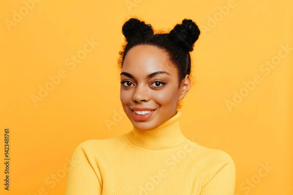 Obraz Cheerful African American woman with natural curly hair styled in two buns, wearing a yellow turtleneck sweater, posing confidently against a bright background.