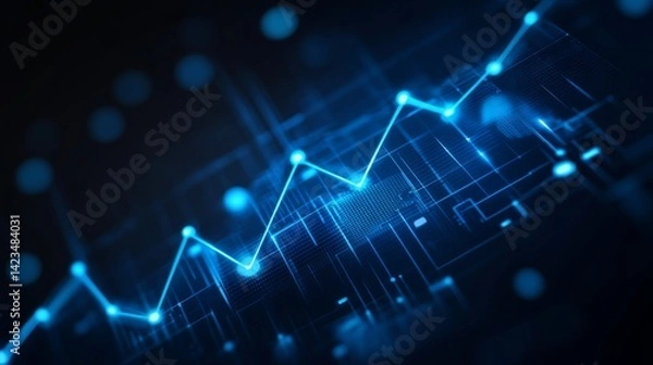Fototapeta A D financial line graph with smooth, curving lines connecting glowing points, showing a steady upward trend against a dark digital landscape
