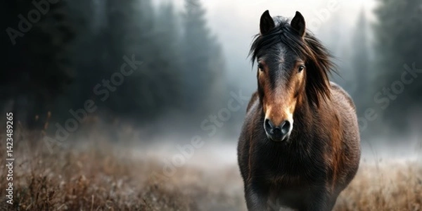 Obraz Majestic horse walking through a misty forest during early morning hours in a serene natural setting