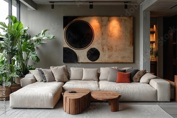Fototapeta living room with fireplace ,A minimalist setting and white vases, set against an abstract beige wall with a textured pattern