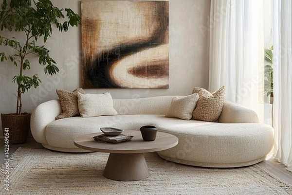 Fototapeta living room interior with sofa ,A minimalist setting and white vases, set against an abstract beige wall with a textured pattern