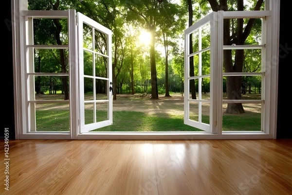 Obraz Bright and Serene View from Open Windows Overlooking Lush Green Park