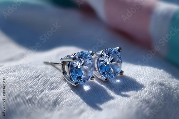 Obraz Elegant Blue Gemstone Earrings on Soft Fabric Background