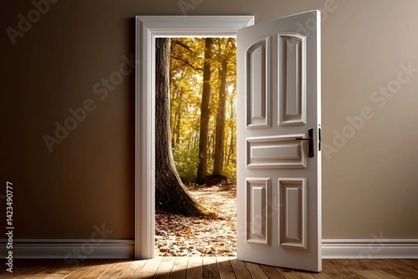 Obraz Open Door to Serene Forest Path with Autumn Leaves and Sunlight