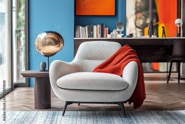 Fototapeta interior of a modern office,, The chair has armrests made from luxurious leather fabric, brass legs, and an octagonal wood side table, with warm tones, traditional elements, and soft lighting.