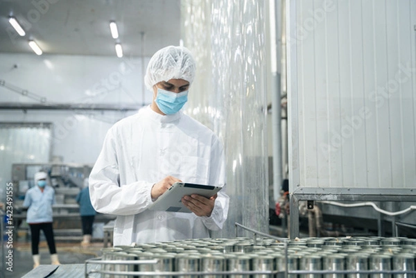 Fototapeta Industrial worker using digital tablet inspecting food process for production quality control in the operation of canned fish machine. the manufacturing line of fish factory