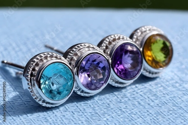Obraz Sparkling Gemstone Earrings in Silver Settings on Blue Background