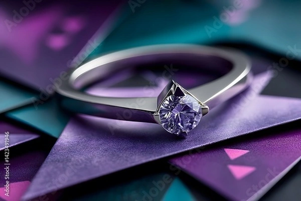 Obraz Elegant solitaire ring with sparkling diamond on colorful background