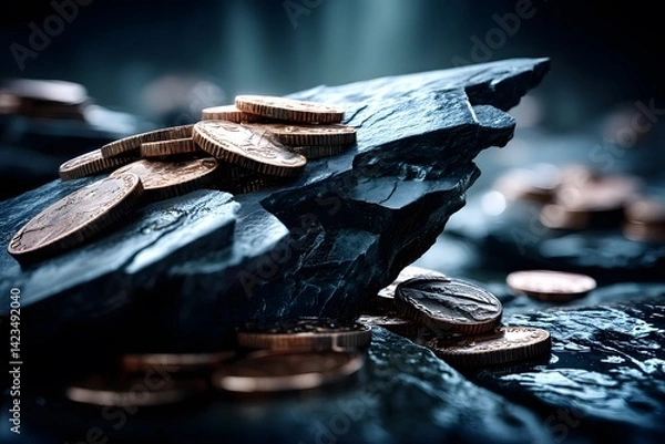 Obraz Glimmering Coins on Dark Slate Stone Background in Dramatic Lighting