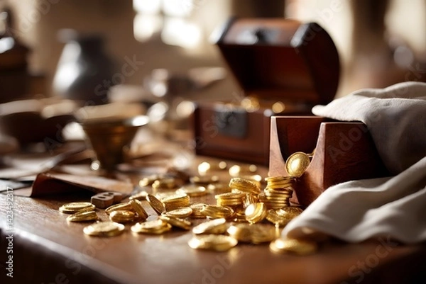 Obraz Treasure Chest Overflowing with Gold Coins and Antique Items