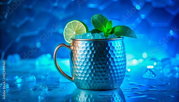 Fototapeta Mint Lime Drink in Copper Mug against Blue Ice Background  