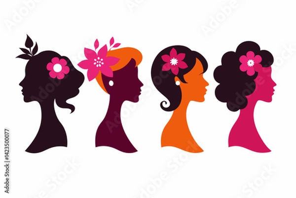 Fototapeta set of Beautiful woman with flower in hair vector silhouette illustration isolated on white background