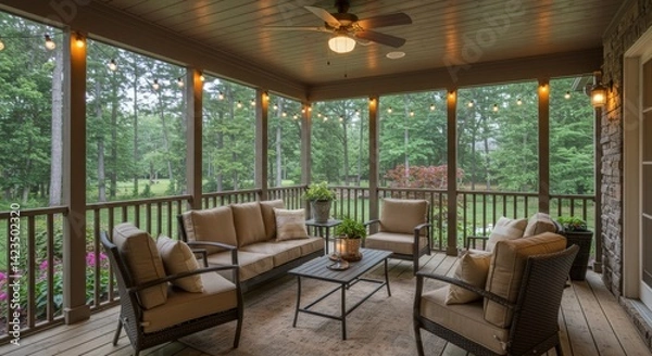 Fototapeta Cozy Screened Porch with Comfortable Seating and String Lights