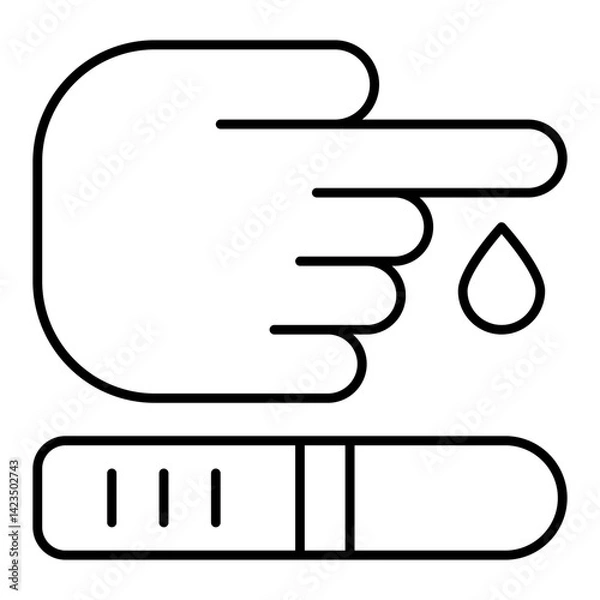 Fototapeta Glucose meter strip with hand thin line icon, medical test concept. Vector graphics. Finger drop with stripe, sample sign on white background, linear style for mobile or design.