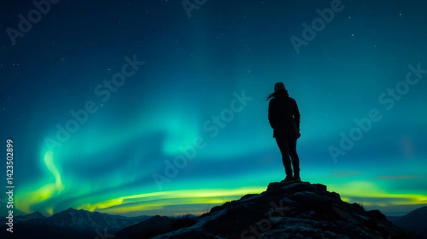 Fototapeta Northern lights and woman on mountain peak at night. Aurora borealis and silhouette of alone girl on mountain trail. Landscape with polar lights. Sky with stars and bright aurora. Generative AI