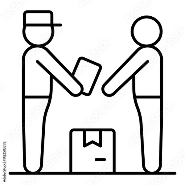 Fototapeta Man with parcel box thin line icon, postage delivery concept. Vector graphics. Courier man with client, postman sign on white background, linear style for mobile or design.